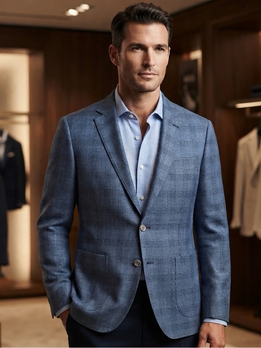 BOSS by HUGO BOSS H-Janson Blue Check Linen Blend Two Button Blazer Sport Coat